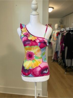 One-Shoulder Floral Ruffle Tank Top - Multi